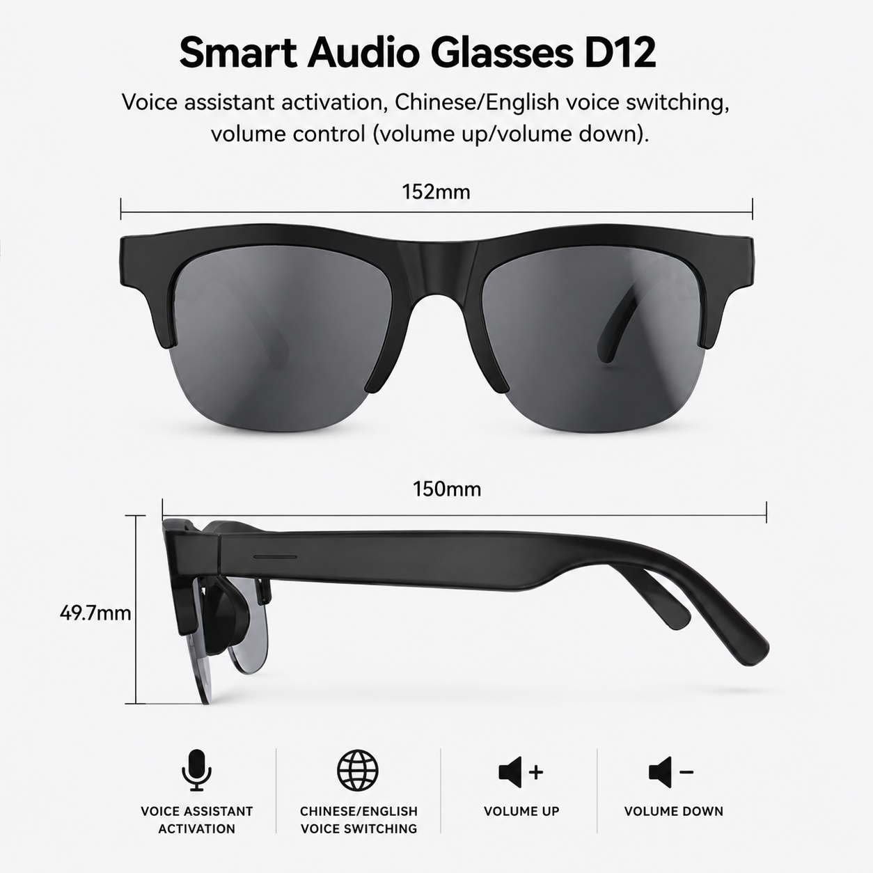AI Smart Glasses D12 – Bluetooth Audio Glasses with HD Calls & Voice Assistant