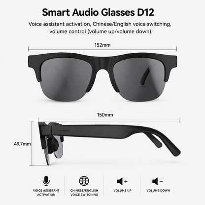 AI Smart Glasses D12 – Bluetooth Audio Glasses with HD Calls & Voice Assistant